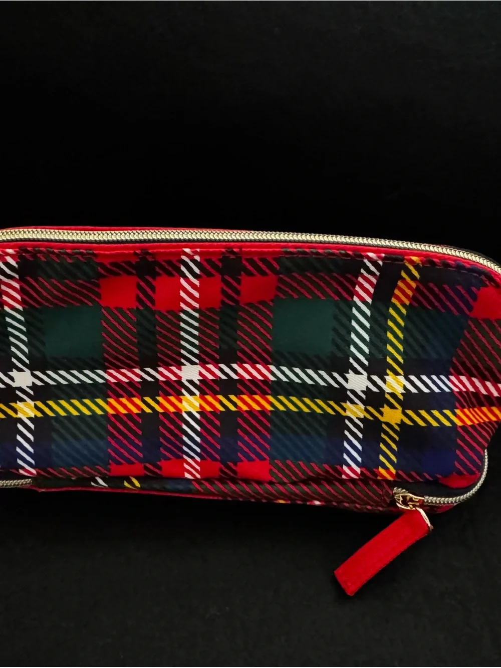 Estee Lauder Black, Red & Gold Plaid Cosmetic Bag w/ Mini Skincare & Makeup Set